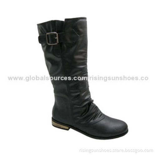 Women's flat dress boots, knee height shaft with metal buckle decoration, convenient zipper at innerNew
